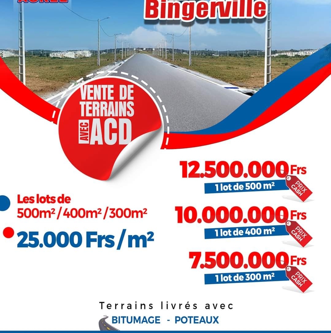 A vendre à bingerville Eloka plusieurs lots de 300m2 400m2 et 500m2 avec ACD global